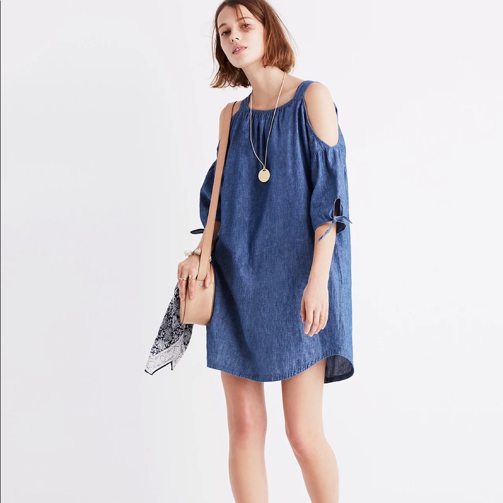 MADEWELL Women's Cold Shoulder 3/4 Tie-Sleeve Chambray Dress Blue small